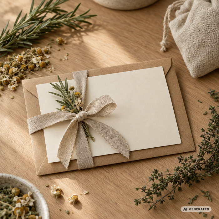 PerNaturam Geschenkgutschein in Kraftpapier mit Leinenschleife und getrockneten Kräutern (Vollständig KI-generiert)